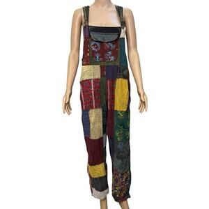 Rhea Boho Patchwork Overalls Small Straight Leg Colorful Hippie Casual Cotton